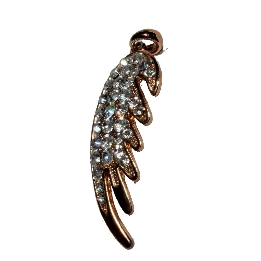 Vintage Rose Gold Tone Rhinestone Crystal Feather Pendant 3" Statement Jewelry